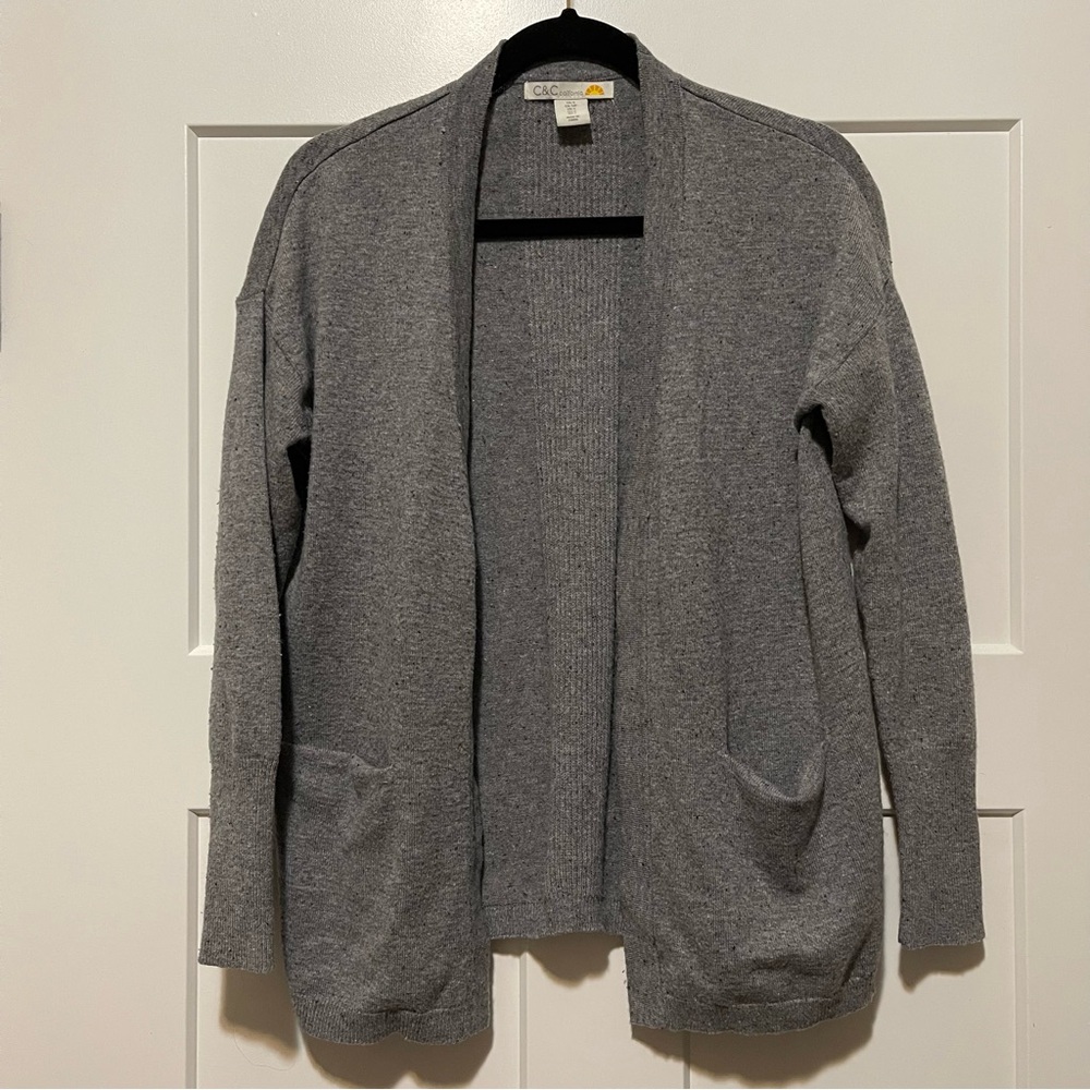 C&C California marled grey open front cardigan, wool blend, pockets, size S